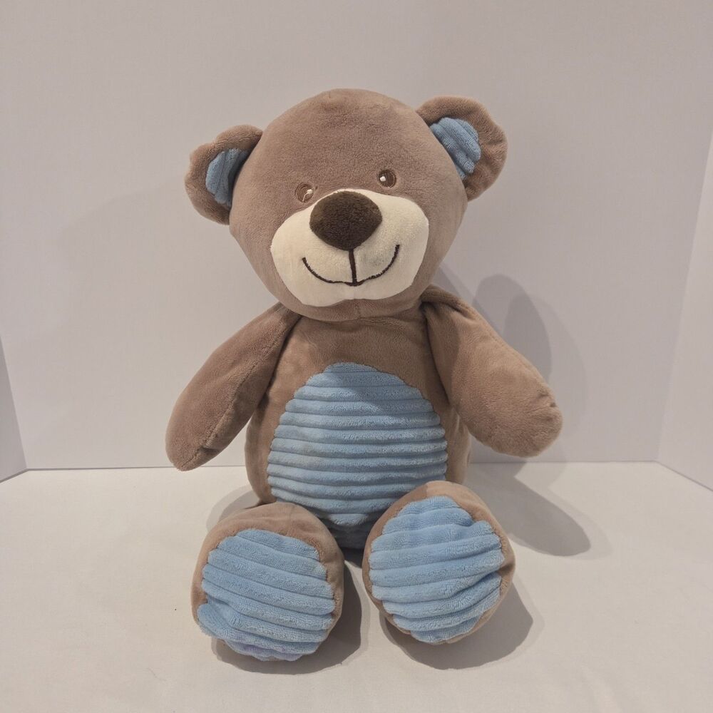 KellyToy Kelly Baby Plush Rattle Teddy Bear 17 In. Light Brown Blue